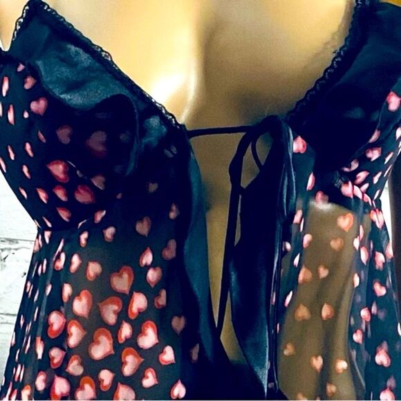 Black Lingerie W Pink Hearts OS Silky Sash Tie Ruffles Open Front Coquette - Picture 6 of 10